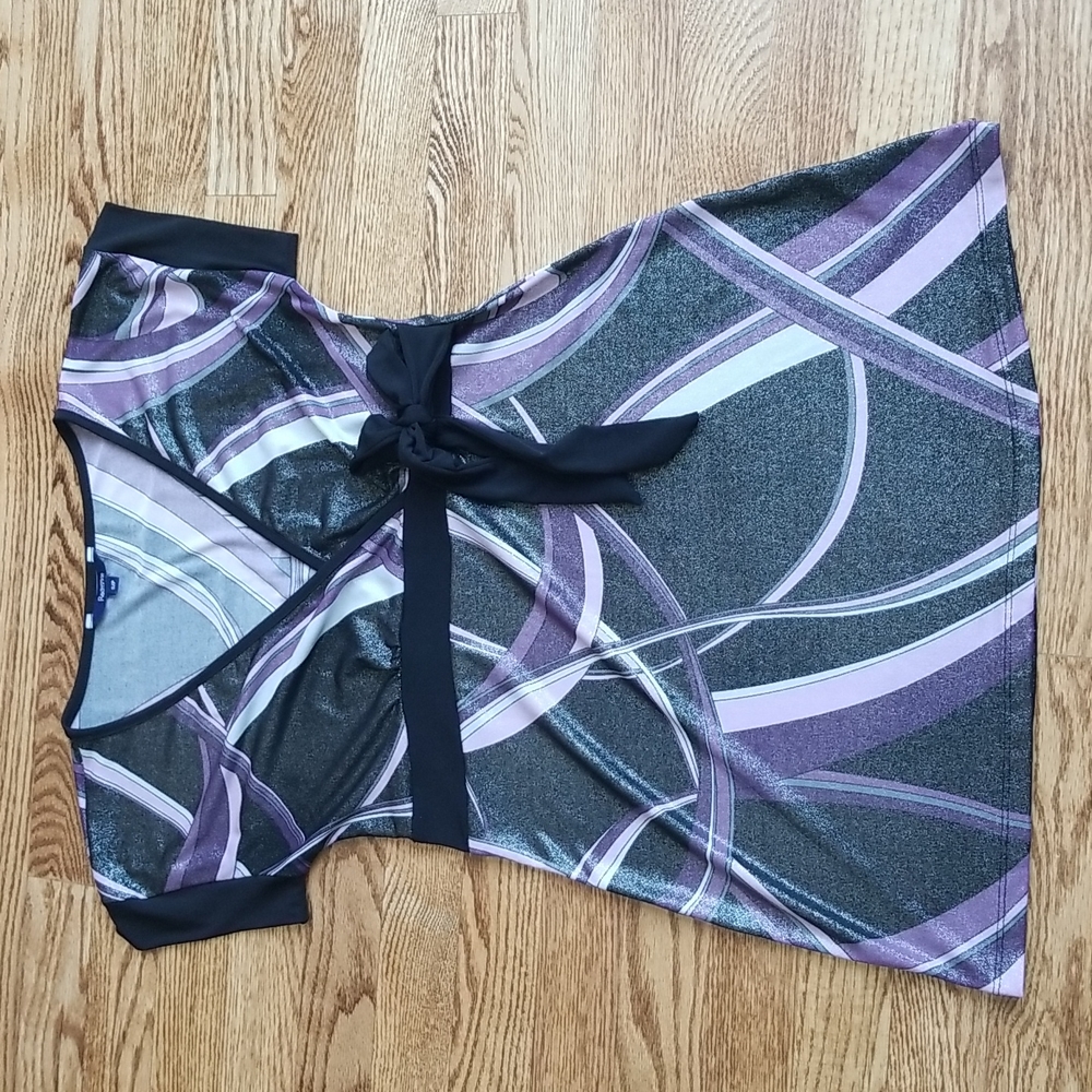 (S) Reitmans Metallic Wrap Detail Empire Waist Top Geometric Abstract Sparkly